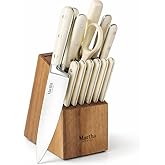 MARTHA STEWART Eastwalk 14 Piece High Carbon Stainless Steel Cutlery Kitchen Knife Block Set w/ABS Triple Riveted Forged Handle Acacia Wood Block - Linen White