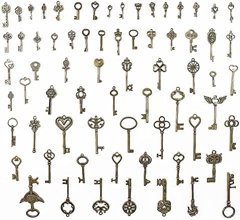 Oisee 69 Pcs Vintage Key Charms Antique Bronze Skeleton Bow Necklace Pendants Set Crown Love Cross DIY Handmade Accessories