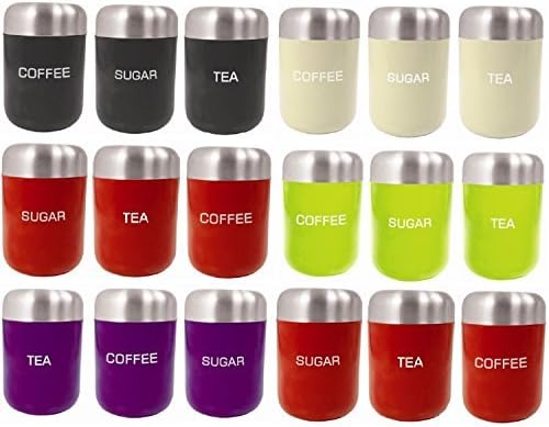 Kitchen Craft Coloured Stainless Steel Enamel Tea Sugar Coffee Storage Canisters Jars Set (Black) by Impresions