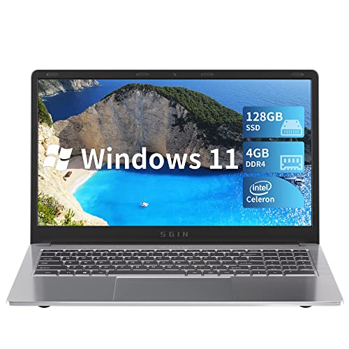 SGIN 15.6" Ordenador Portátil Windows 11 4GB RAM 128GB SSD Celeron Quad-Core hasta 2.8GHz, PC Portátil con WiFi de Doble Banda, 2xUSB 3.0, Teclado de Membrana en Ocho Idiomas