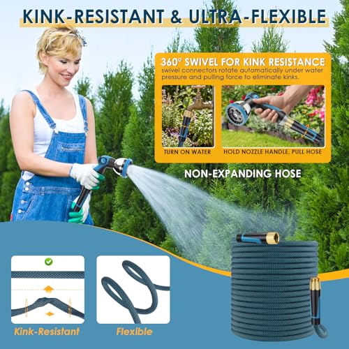 FLOERXIS Non-Expandable Garden Hose 100 FT, Lightweight Hose with 10 Function Spray Nozzle, Kink-Free Flexible Water Hose, Durable, Leak-Proof, 360° Swivel Connectors, Portable Storage Strap