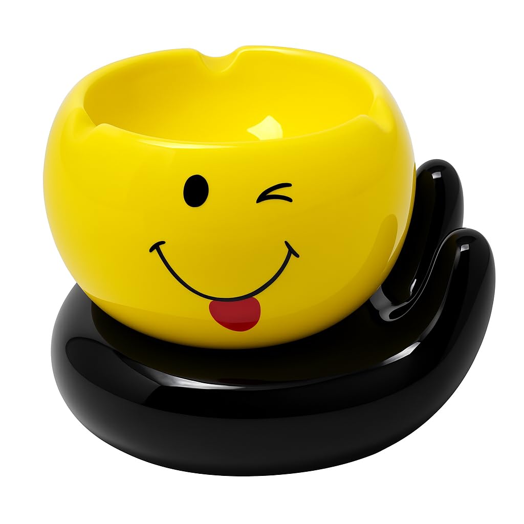 Emoji Ceramic Ashtray for Home or Office – Fun Novelty Ash Tray with Hand Base – Heat Resistant Glazed Ceramic – Assorted Designs – Compact 10×8 cm Smoking Tray