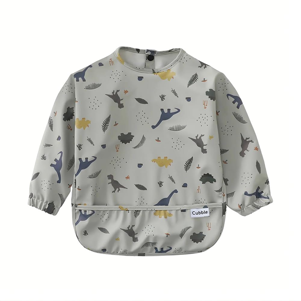 Cubble Waterproof Coverall Baby Feeding Bibs for Mealtimes and Messy Play, Adjustable, Baby Weaning (Dinosaurs/Grey, Small (6-12M))