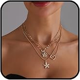 sunglnl Stacked Necklaces For Women, Four Layered Chunky Gold Necklace Heart And Starfish Pendant Summer Beachy Hawaiian Jewelry Gift