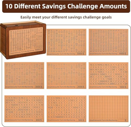 10000 Kakeibo Wooden Money Saving Challenge Box Cash Vault Piggy Bank for Adults Kids Savings Goals Smash Box Saver for Boys and Girls (10 Amounts)