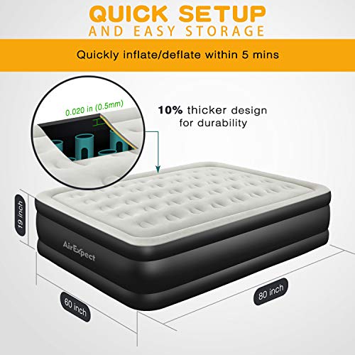 Air Mattress Queen Size Airbed - AirExpect Upgraded Inflatable Mattress Blow up Bed with Built-in Electric Pump, Elevated Raised Air Mattress Quilt Top, Height 19", Storage Bag, 2-Year Warranty - Thumbnail 5