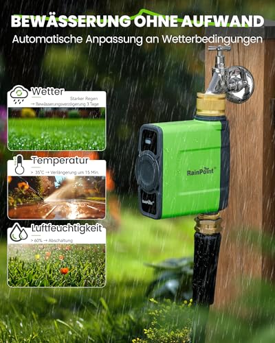 RAINPOINT Irrigation Computer WLAN with Brass Inlet and Outlet, Smart Irrigation Control, APP/Voice Control, Weather Based, Automatic Watering for Garden Lawn, 6 Schedules