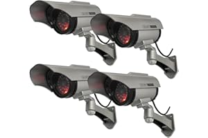 Yuarisx Solar Powered Dummy Fake Security Camera Bullet CCTV Surveillance with Simulated LED Realistic Red Flashing Light and Security Warning Sticker Decal Indoor Outdoor, 4 Pack