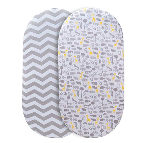 Momcozy Universal Bassinet Sheets Set 2 Pack for Boys & Girls, Soft & Breathable 100% Cotton, Fitted Elastic Design, Grey Animals & Chevron, Fits Oval Halo, Chicco Lullago, Arms Reach, Ingenuity