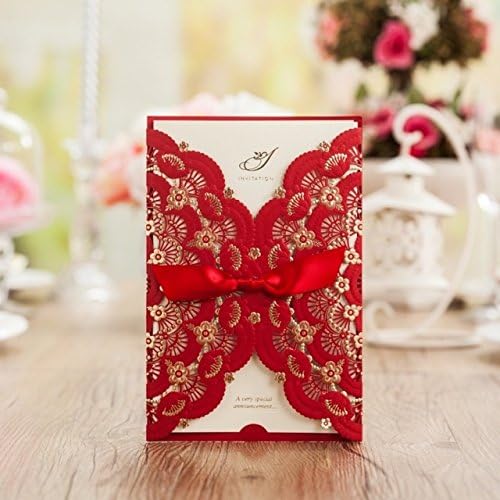 Red Lace Flower Invitation Cards Laser Cut Hollow-out Floral with Ribbon Bow Wedding Announce Invitations CW5113 (100)