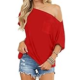 REVETRO Off the Shoulder Tops for Women Summer Sexy Short Sleeve Shirt Casual Batwing Blouse Oversized T Shirt Tunic Top