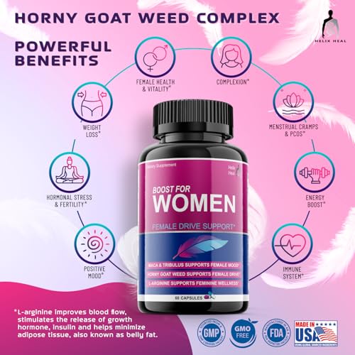 Helix Heal Libido Booster for Women Fast Acting with Horny Goat Weed - Female Desire Pills with Maca Root, Tribulus Terrestris, Ginseng and Hornygoatweed Women - Hormone Balance, Made in USA (60 ct)