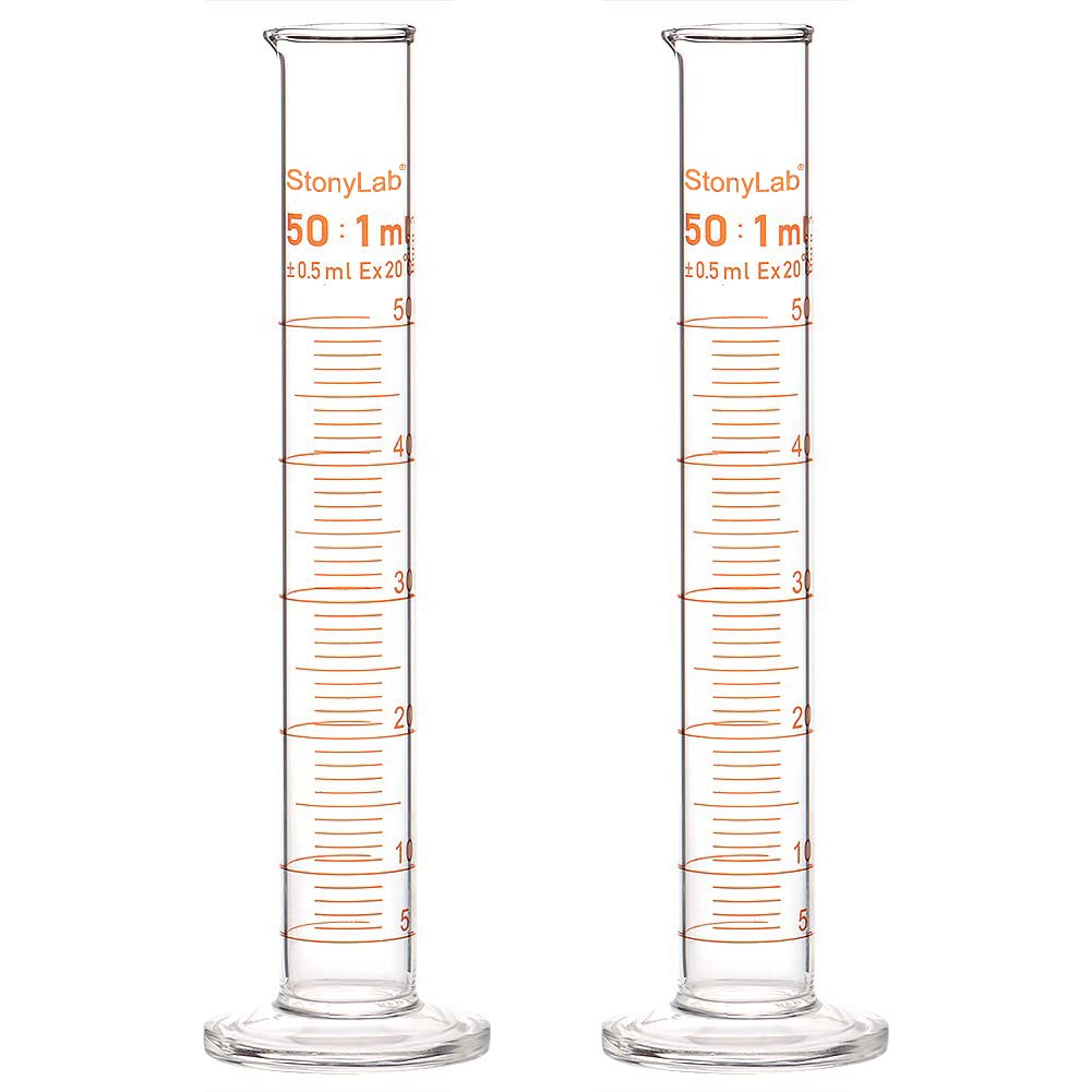 StonyLab 2-Pack Borosilicate Glass 50ml Heavy Wall Graduated Cylinder Measuring Cylinder - 50ml