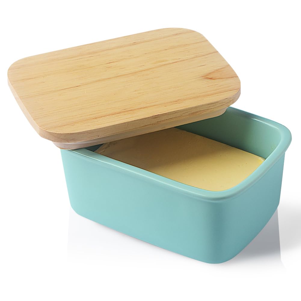 Sweejar Home Porcelain Butter Dish with Airtight Wooden Lid, Perfect for 2 Sticks of Butter - Turquoise