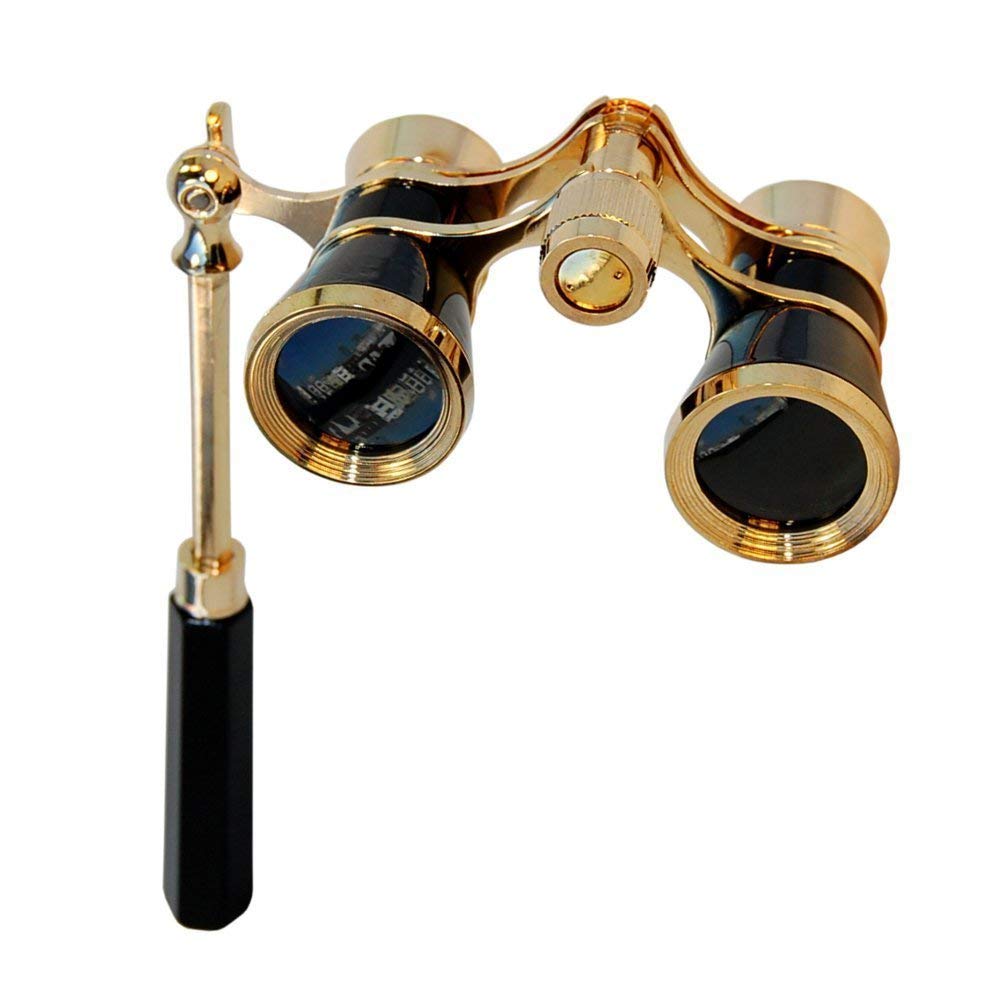 HQRP - Binocolo da opera 3 x 25, nero con finiture dorate e manico estensibile integrato