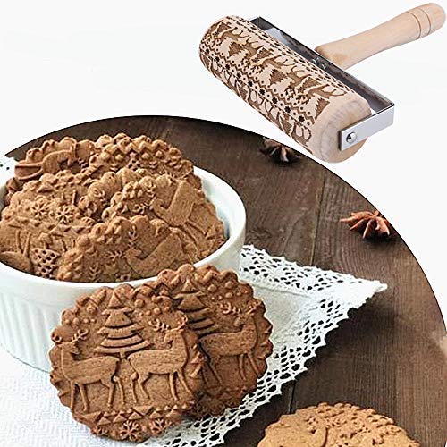 Christmas Wooden Rolling Pins Deeply Engraved Embossing Rolling Pin with Christmas Elk Pattern for Baking Christmas Themed Pastries & Cookies,Rolling Pin Kitchen Tool