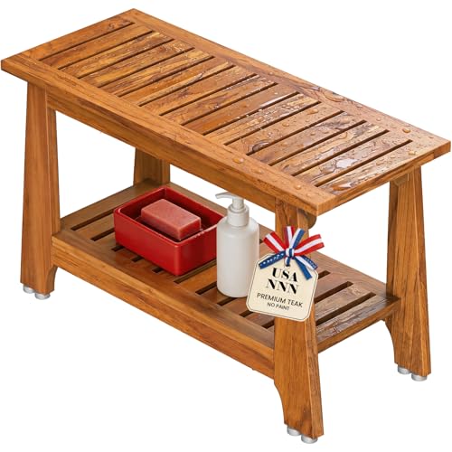 NNN 30" Commercial Teak Shower Bench - 8 Non-Slip Leveling Feet & 350 lbs Capacity | Rock-Solid Stability for Seniors & Spa Safety | Waterproof Design for Saunas/Outdoor Pools (Patented)