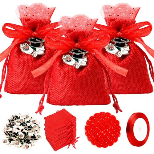 30 Pieces Fabric Gift Bags with 30 Pieces Graduation Hat Pendant Jute Bags Drawstring for Graduation Party Red