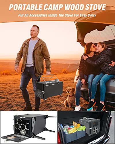 Wood Stove for Hot Tents, Rikuy Upgraded Titanium Surface Camping Stove with Chimney Pipes for Tents, Shelter, Outdoor Portable Burning Stove for Heating and Cooking, Include Spark Arrestor and Gloves