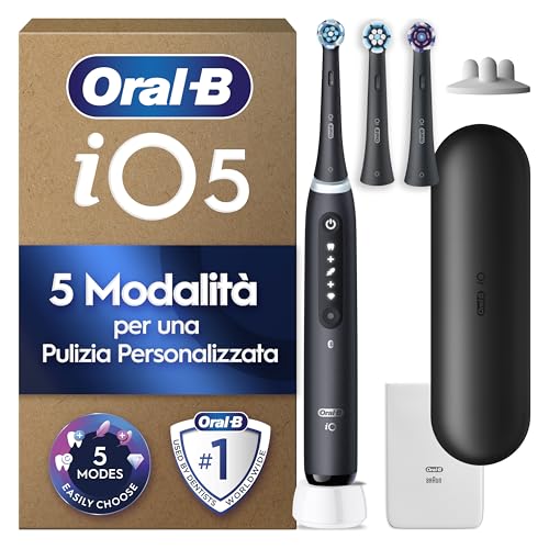 Oral-B iO 5 Spazzolino Elettrico, con 3 Testina di Ricambio, Custodia, Nero