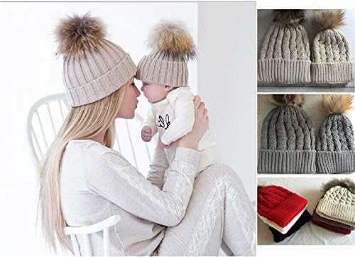 2PCS Parent-child Hat Warmer ,Comwinn Mother &amp; Baby Daughter/Son Winter Warm Knit Hat Family Crochet Fur Wool Beanie Ski Cap (Kahki)