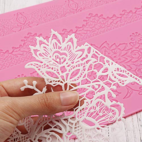 Silicone Lace Molds, Beasea 5pcs Fondant Cake Decorating Tools Lace Decoration Mat Flower Pattern Molds Sugar Craft Tools - Pink