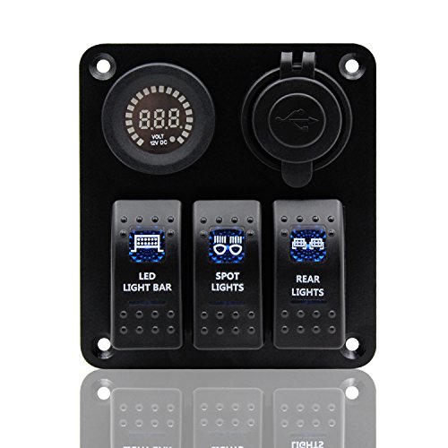 Switch Panel, FABOOD 3 Gang Waterproof Rocker Switches Panel with DC 12V Digital Voltmeter / 3.1A Dual USB and 3 LED Lights Switchs for Marine Boat Car RV - Thumbnail 3