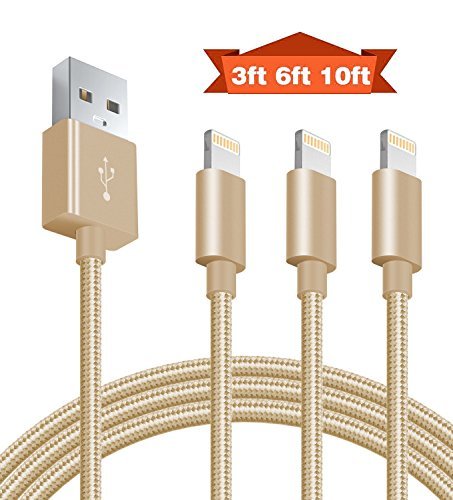Charger Cable, MarchPower 3Pack 3ft 6ft 10ft iPhone Lightning Charging Cable Cord Nylon Braided 8pin to USB Charge Sync Cable for Apple iPhone X 8 7 6s 6 Plus 6s Plus iPad Air Mini iPod Touch (Gold) …