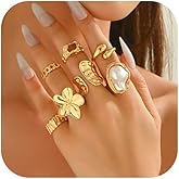 QiaTsed Chunky Gold Rings for Women Stackable Statement Rings Non Tarnish Dainty Baroque Pearl Rings Ideal Jewelry Gift for Women