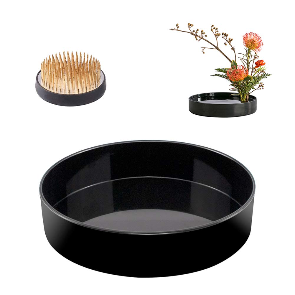 WANDIC Flower Arranging Supplies, Round Flower Frog & Black Plastic Suiban Vase Pot for Ikebana Floral Arrangement Art Home Office Decoration