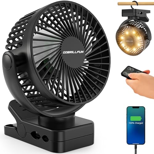 GOBRILLFUN 6 Inch 12000mAh Clip Fan Battery with Remote Control, USB Rechargeable with LED Lights, 3 Speed, Battery Fan with Timer