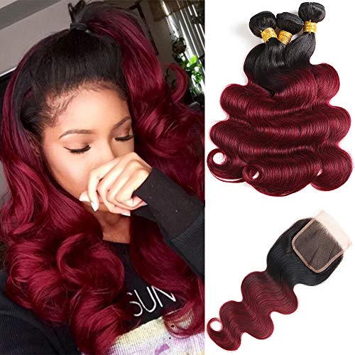 Feelgrace Hair Ombre Brazilian Body Wave With Closure 4X4 Free Part Human Hair Bundles With Lace Closure T1B/99J Remy Hair Weave 14 16 18 with 12