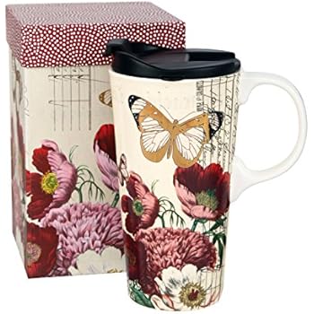 Topadorn 17 OZ Ceramic Mug Travel Cup with Handle and Gift Box Red Flower and Butterfly