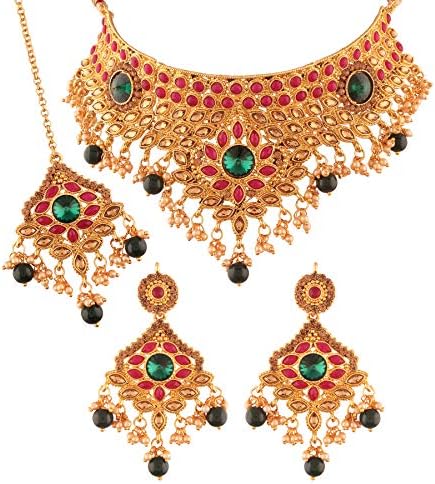 I Jewels 18K Gold Plated Indian Bollywood Traditional Stone Studded Choker Necklace Jewelry Set with Earrings & Maang Tikka For Women (K7072MG)