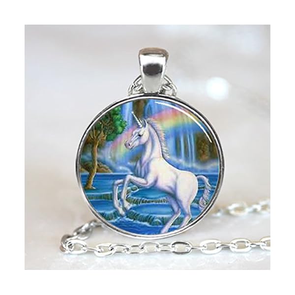 Unicorn with Rainbow Fantasy Glass Tile Necklace Pendant (PD0068S) 2