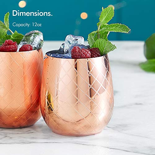 VonShef Copper Stemless Wine Glasses, Etched Copper Stainless Steel Tumblers, 12oz Cups, Set of 4 Wine Drinks Tumbler with Gift Box