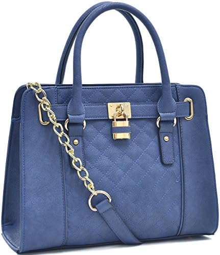 Dasein Women's Fashion Medium Quilted Padlock Strutured Satchel Shoulder Bags Purses with Shoulder Strap (Navy Blue)