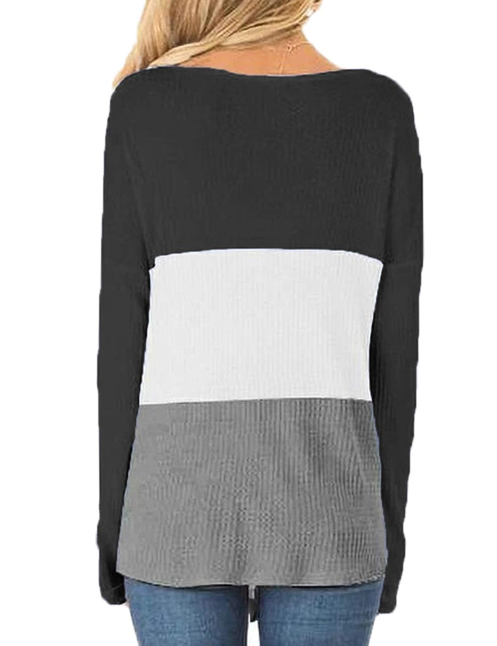 Ido4U Women\'s Casual Waffle Knit T-Shirts V Neck Long Sleeve Lightweight Sweater Pullover Tops (M, Black)