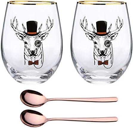 Milu Deer Cup,Mixed Drink Cup,Wine Glass,Drinks, Juice, Coffee, Tea Cups,Red Wine Champagne Glass,Bars, Restaurants, Gift Giving,15oz,Each Cup Comes With A Spoon,Set of 2 (Milu deer cup 15oz)