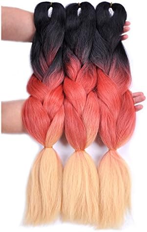 Jumbo Braiding Hair 3pcs (black/brick red/yellow) Ombre Synthetic Braiding Hair Extension Kanekalon Hair