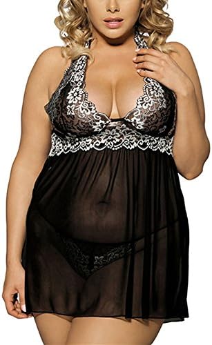 CLASSY KISS Plus Size Totally Snow White Babydoll and Thong Black-3XL(US 12-14)