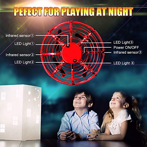 Hand Drones, Hand Controlled Drones, econoLED Boy Toys Kids Hand Operated Flying Ball Drone - Hands Free Mini Flying Ball Helicopter with 2 Speed & 5 LED Lights for Boys, Girls, Kids, Toddlers (Red)