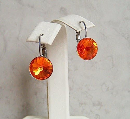 Tangerine Orange Round Rivoli Swarovski Elements Crystal Stainless Steel Leverback Earrings