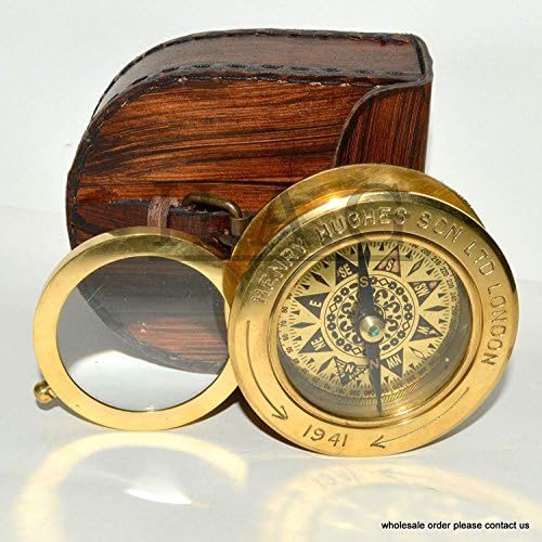 BRASS MAGNIFIRE COMPASS POCKET GIFT DECORATIVE BRASS COMPASS W/LEATHER CASE
