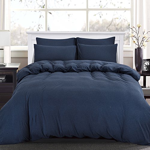 PURE ERA Ultra Soft Solid Cotton Jersey Knit Home Bedding 3 Pieces Duvet Cover Set 1 Comforter Cover and 2 Pillow Shams Navy Blue Queen Size