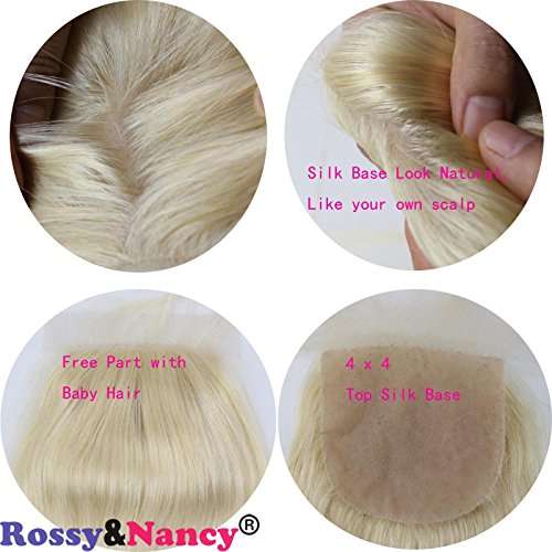 Rossy&Nancy Top Silk Base 4x4" Lace Closures Brazilian Virgin Human Hair Silk Straight Natural Blonde #613 Color Free Part Closure Piece for Women