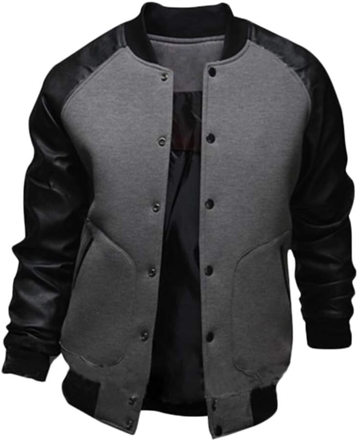 GladiolusA Men's Baseball Jacket Pu Sleeve Coat Casual Varsity College Bomber Jacket