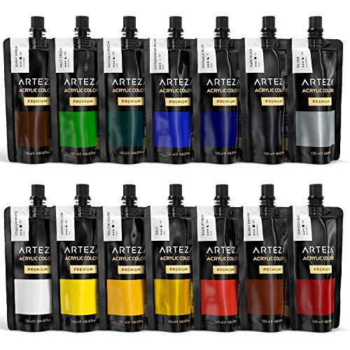 ARTEZA Acrylic Paint, Set 14 Colors/Pouches (120 ml/4.06 oz.) with Storage Box, Rich Pigments, Non Fading, Non Toxic Paints for Artist, Hobby Painters & Kids, Ideal for Canvas Painting
