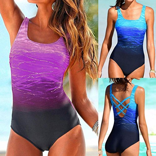 Snowfoller Womens Swimming Costume Geometric Lines Printed Padded Gradient Color Swimsuit Monokini Push Up One-Piece Bikini (M, Purple)