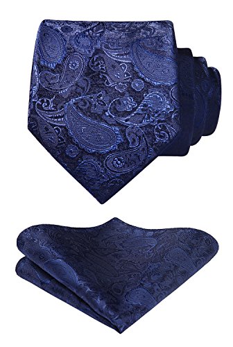 Enmain Paisley Floral Jacquard Woven Men's Wedding Silk Tie Pocket Square Necktie Set Navy Blue